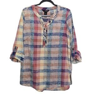 Ali Miles Plaid Tunic Top Size Small Womens 3/4 Sleeves Pullover Ruffles Casual